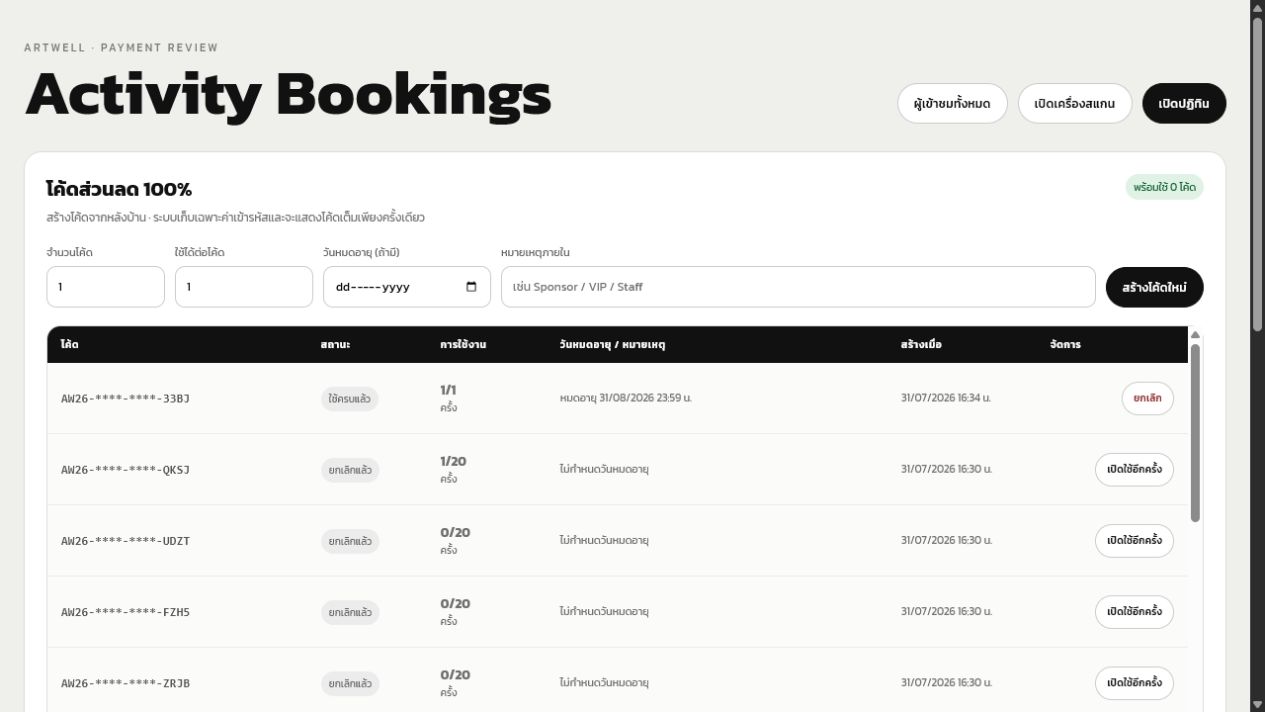 Activity booking admin with discount code row list
